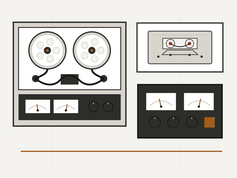 Editorial illustration of a reel-to-reel recorder, cassette deck and measuring instrument.