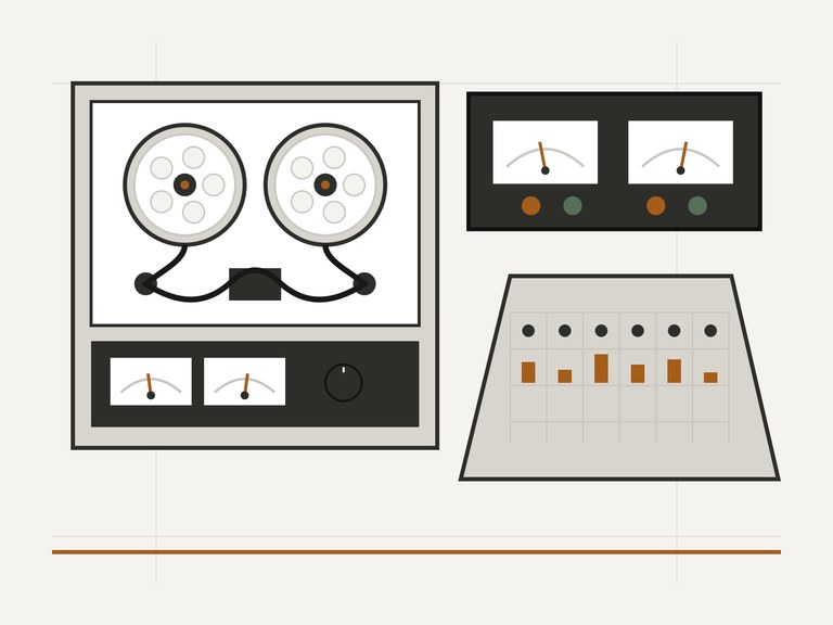Illustrazione di apparecchiature per registrazione analogica in studio.